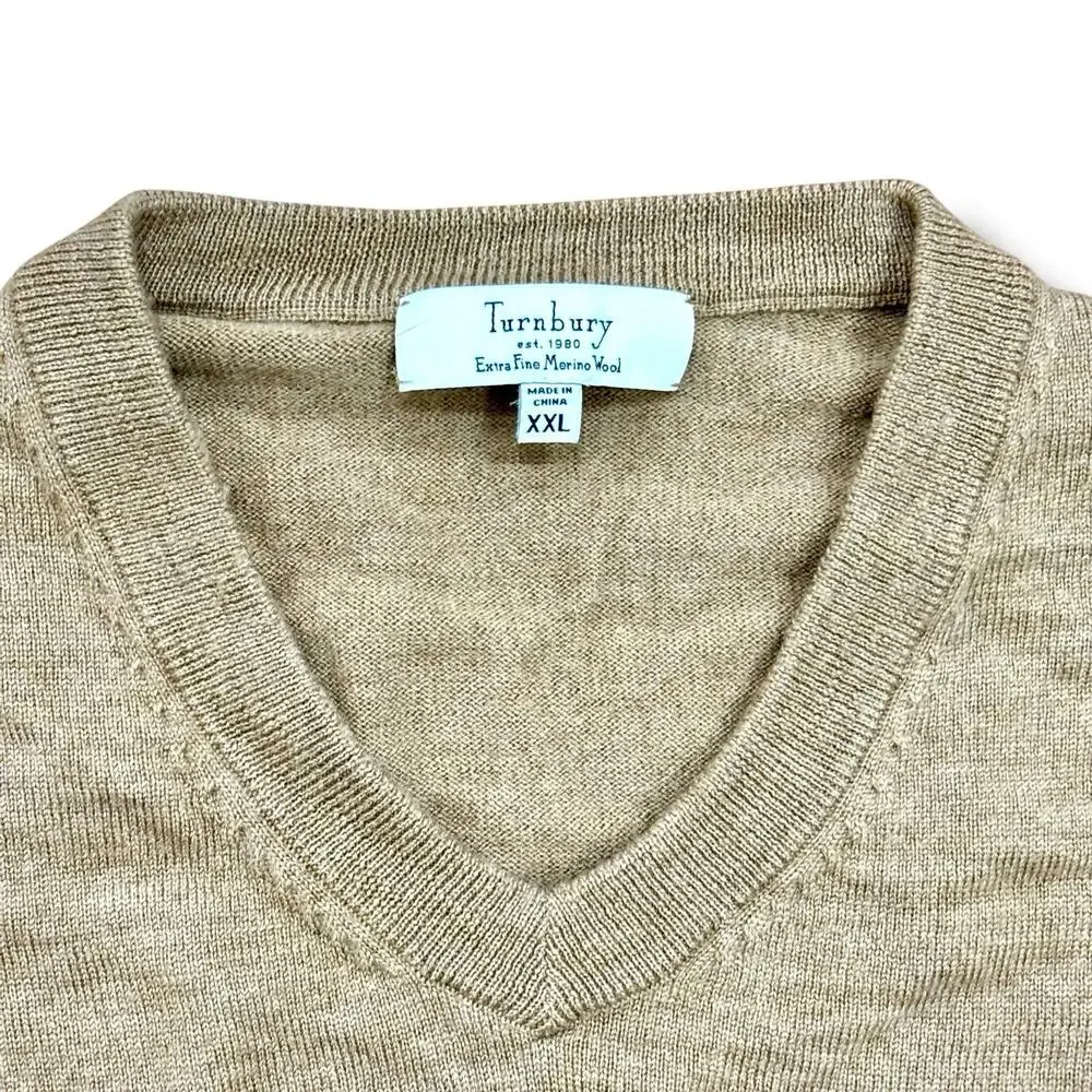 Turnbury Men's Size XXL 2XL Beige Extra Fine Merino Wool V-Neck Pullover Sweater